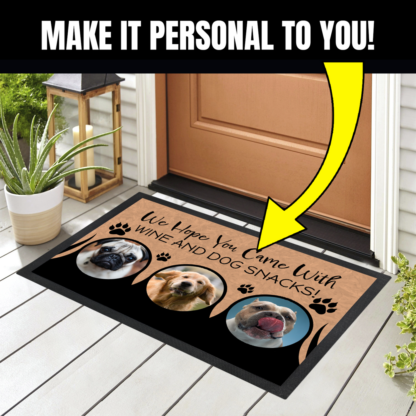 Personalized Door Mat - Wine & Snacks Dog Welcome Mat 1, 2, or 3 Dogs Add Your Own Photos