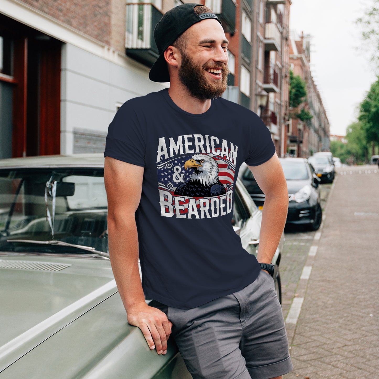 Gifts For Men - American & Bearded - Gildan 6400 Tshirts