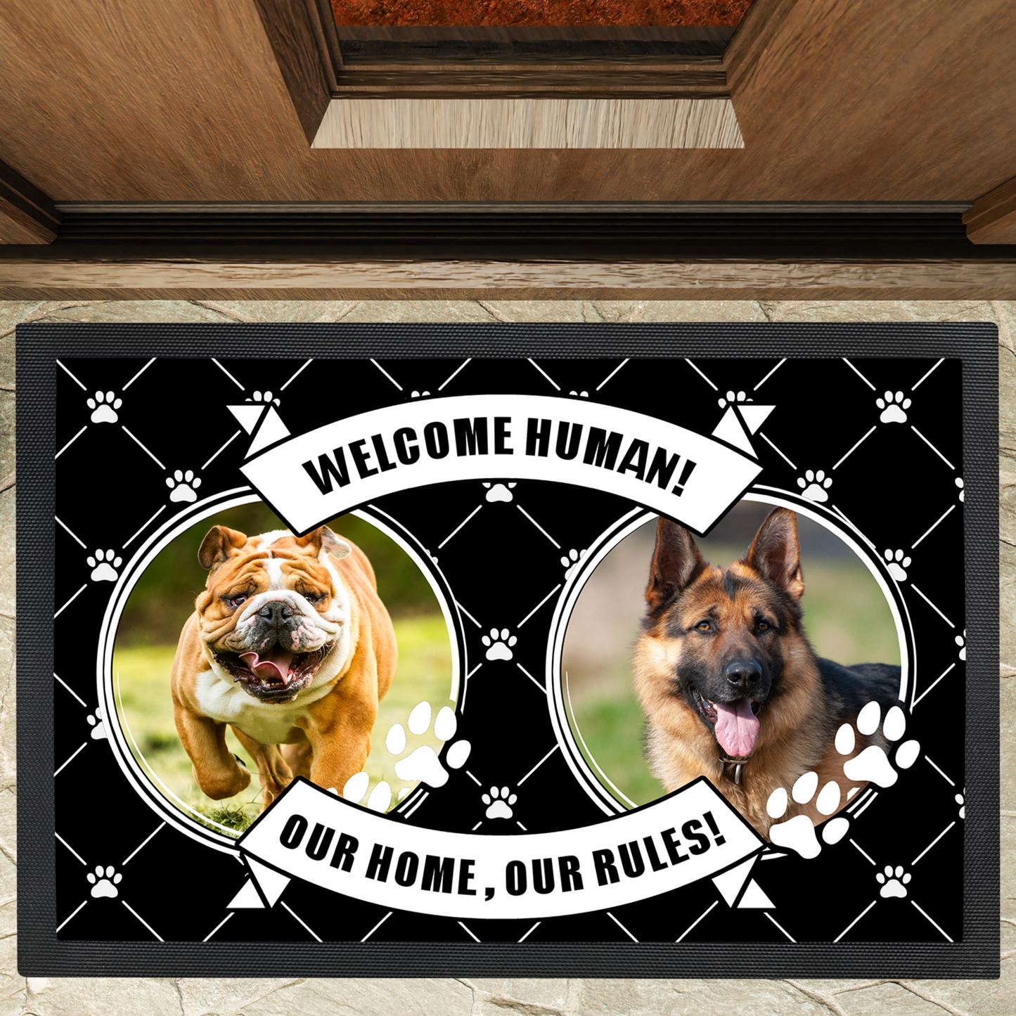 Personalized Door Mat Welcome Human Dog Welcome Mat 1, 2, or 3 Dogs Add Your Own Photos
