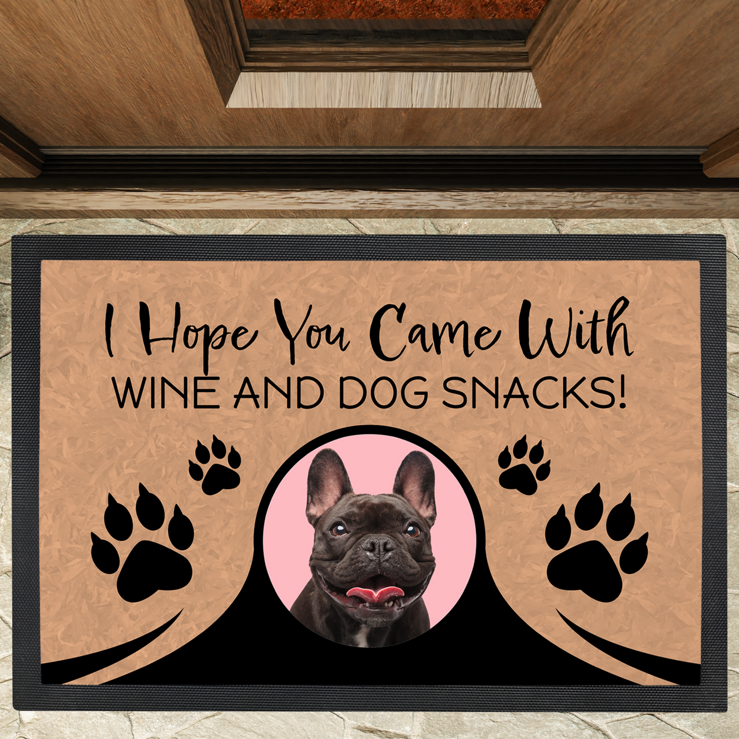 Personalized Door Mat - Wine & Snacks Dog Welcome Mat 1, 2, or 3 Dogs Add Your Own Photos