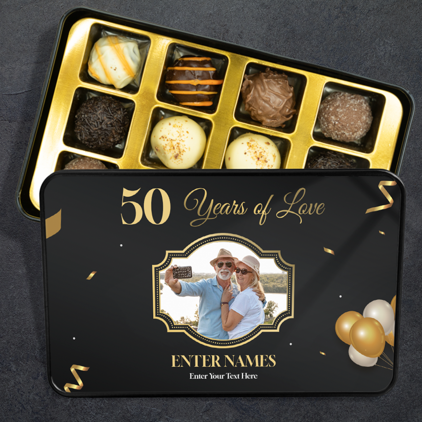 Wedding Anniversary Gift - Keepsake Tin of 12 Handmade Chocolates