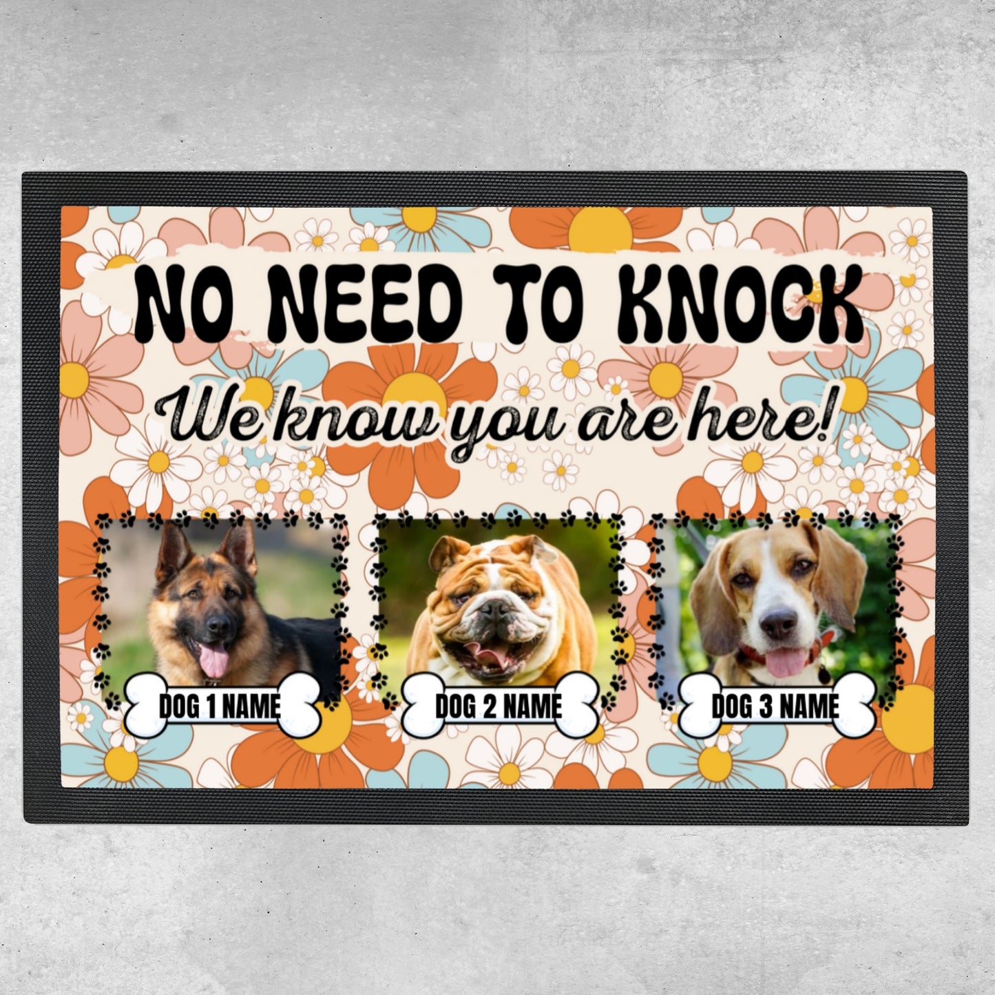 Personalized Floor Mat - No Need To Knock Retro Dog Welcome Mat - 3 Sizes Up To 3 Dogs