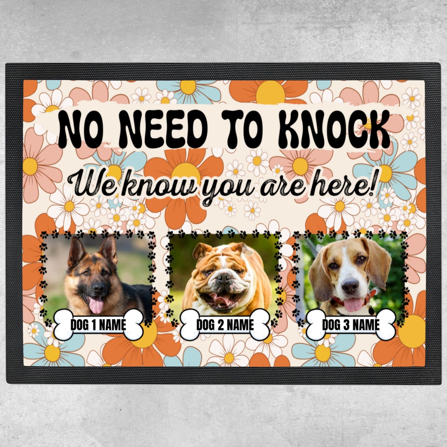 Personalized Floor Mat - No Need To Knock Retro Dog Welcome Mat - 3 Sizes Up To 3 Dogs