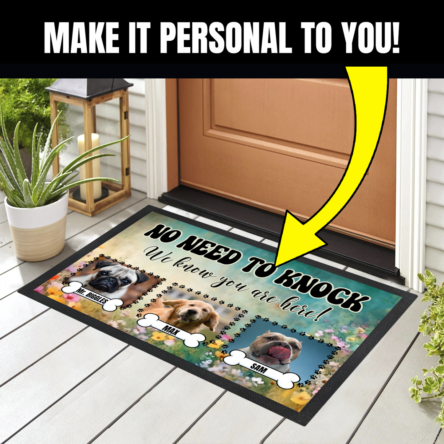Personalized Floor Mat - No Need To Knock Retro Dog Welcome Mat - 3 Sizes Up To 3 Dogs