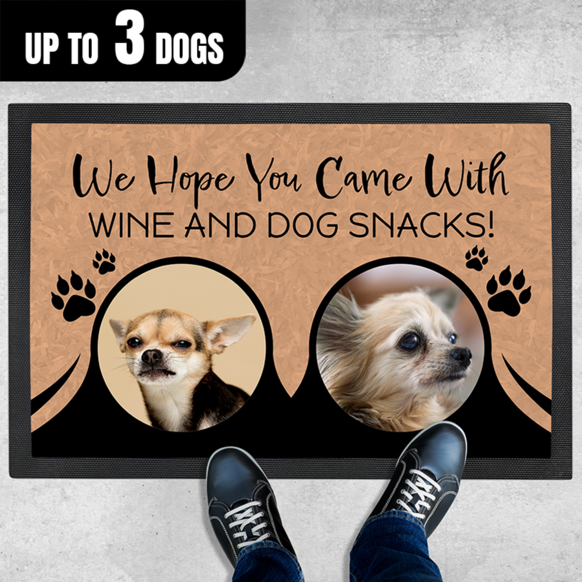 Personalized Door Mat - Wine & Snacks Dog Welcome Mat 1, 2, or 3 Dogs Add Your Own Photos