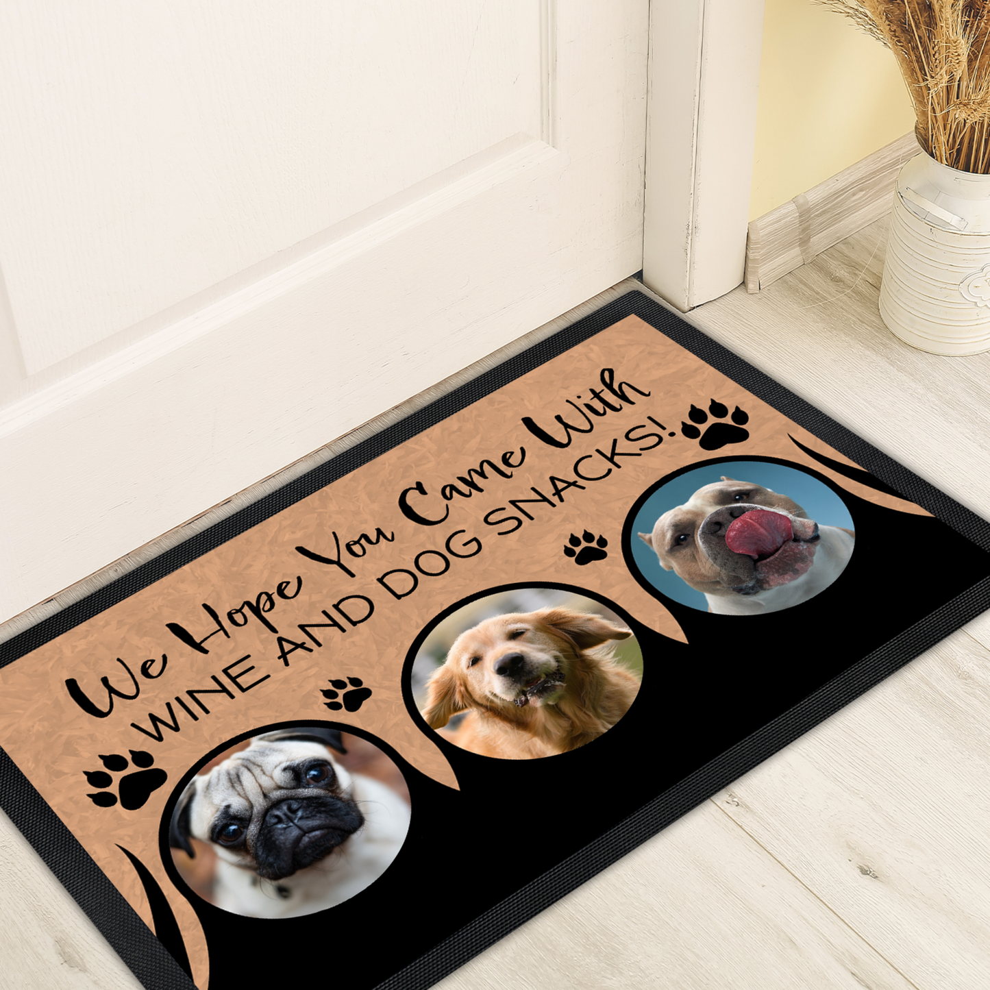 Personalized Door Mat - Wine & Snacks Dog Welcome Mat 1, 2, or 3 Dogs Add Your Own Photos