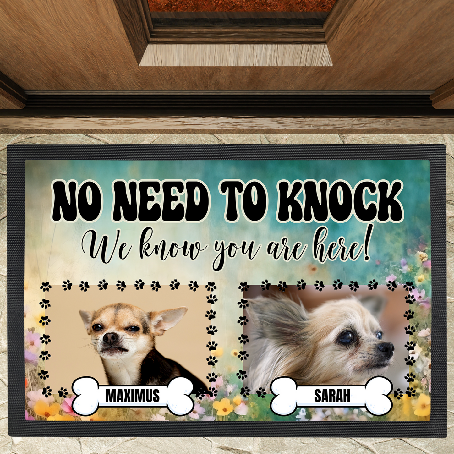 Personalized Floor Mat - No Need To Knock Retro Dog Welcome Mat - 3 Sizes Up To 3 Dogs