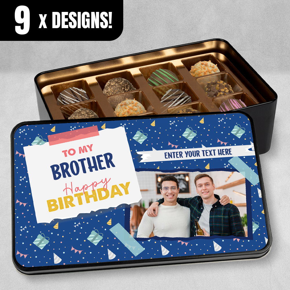 Birthday Gift For Brother - Personalized Keepsake Tin of 12 Handmade Chocolates
