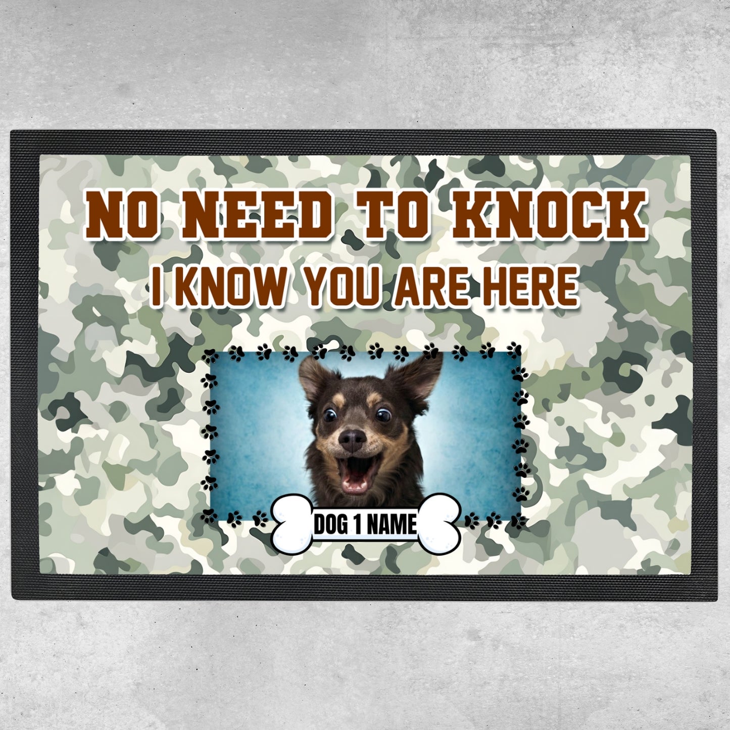 Personalized Door Mat - No Need To Knock Camo Dog Welcome Mat - 3 Sizes Up To 3 Dogs