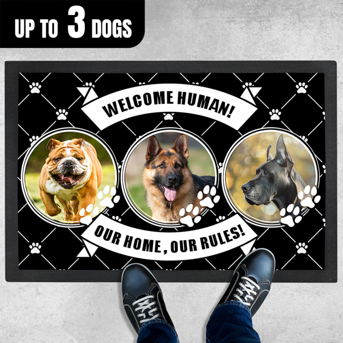 Personalized Door Mat Welcome Human Dog Welcome Mat 1, 2, or 3 Dogs Add Your Own Photos