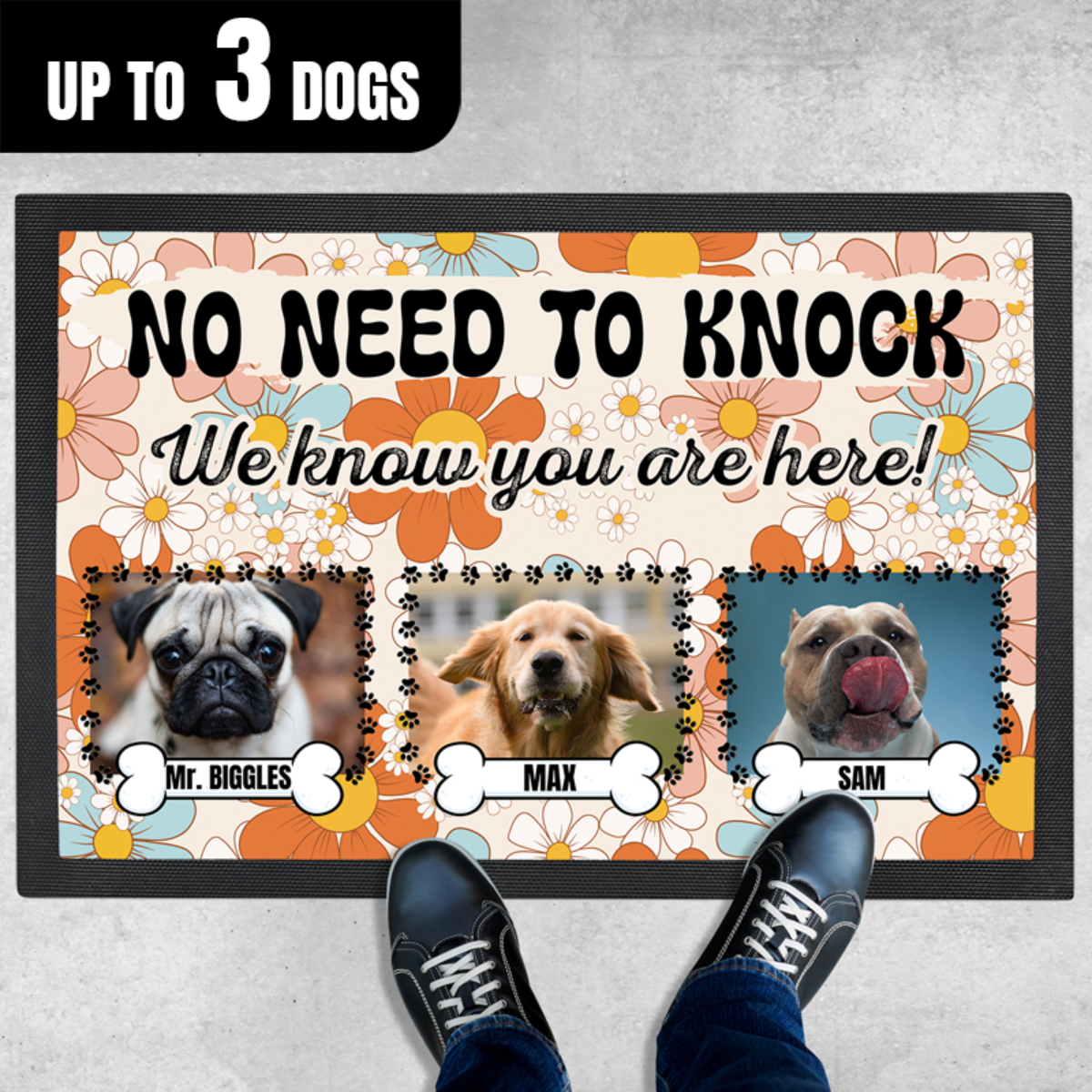 Personalized Floor Mat - No Need To Knock Retro Dog Welcome Mat - 3 Sizes Up To 3 Dogs