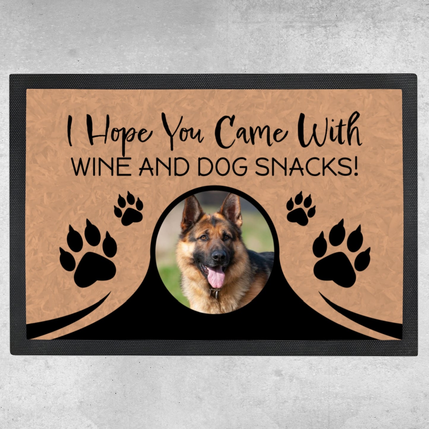 Personalized Door Mat - Wine & Snacks Dog Welcome Mat 1, 2, or 3 Dogs Add Your Own Photos