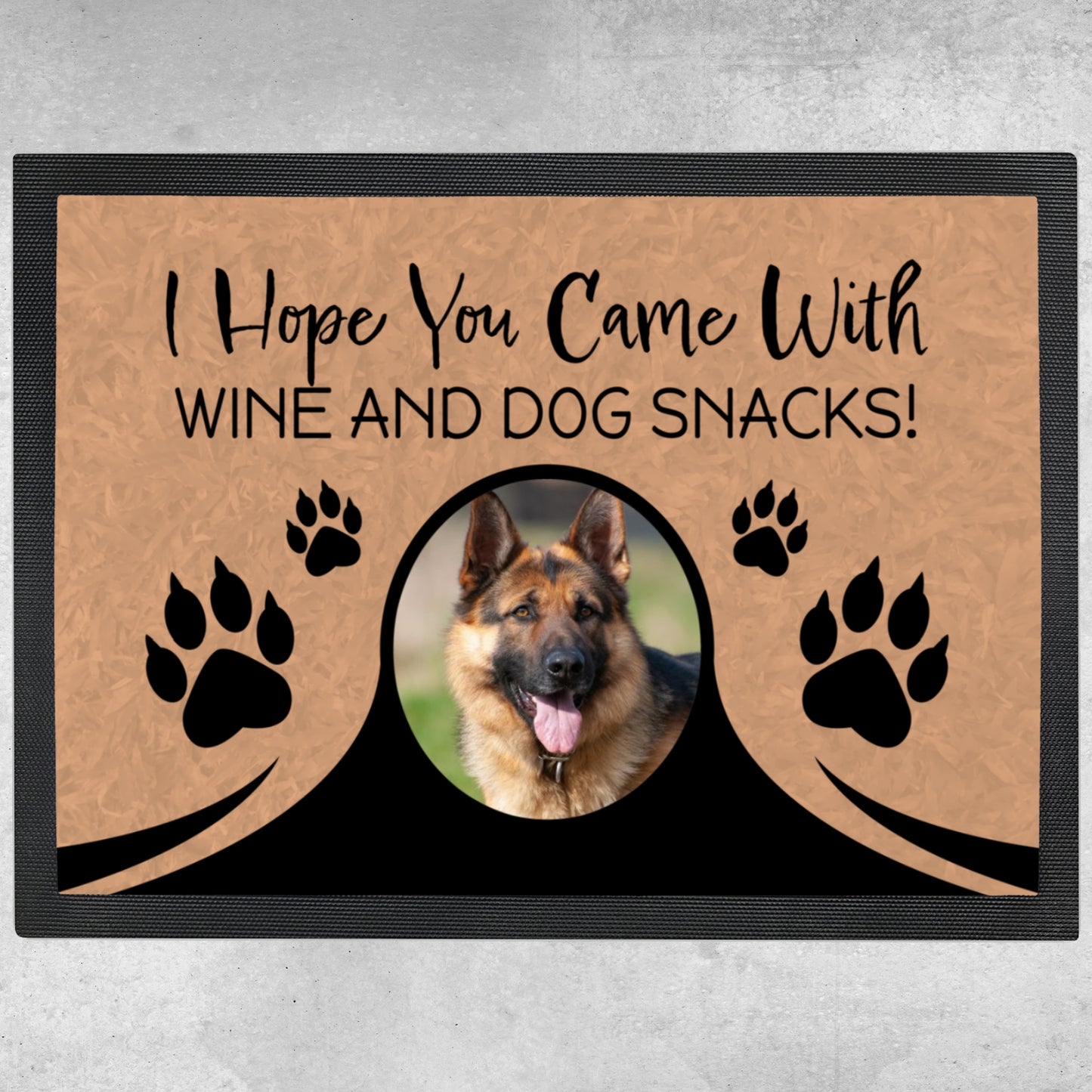 Personalized Door Mat - Wine & Snacks Dog Welcome Mat 1, 2, or 3 Dogs Add Your Own Photos