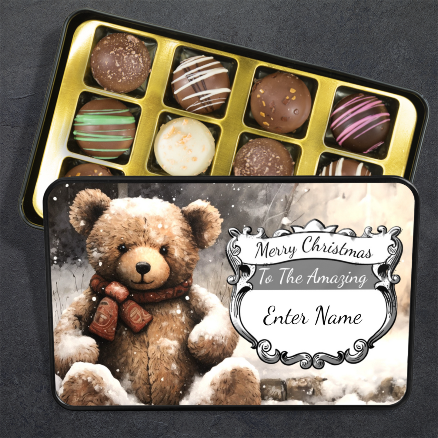 Merry Christmas To The Amazing NAME Handmade Chocolates In A Personalized Keepsake Tin