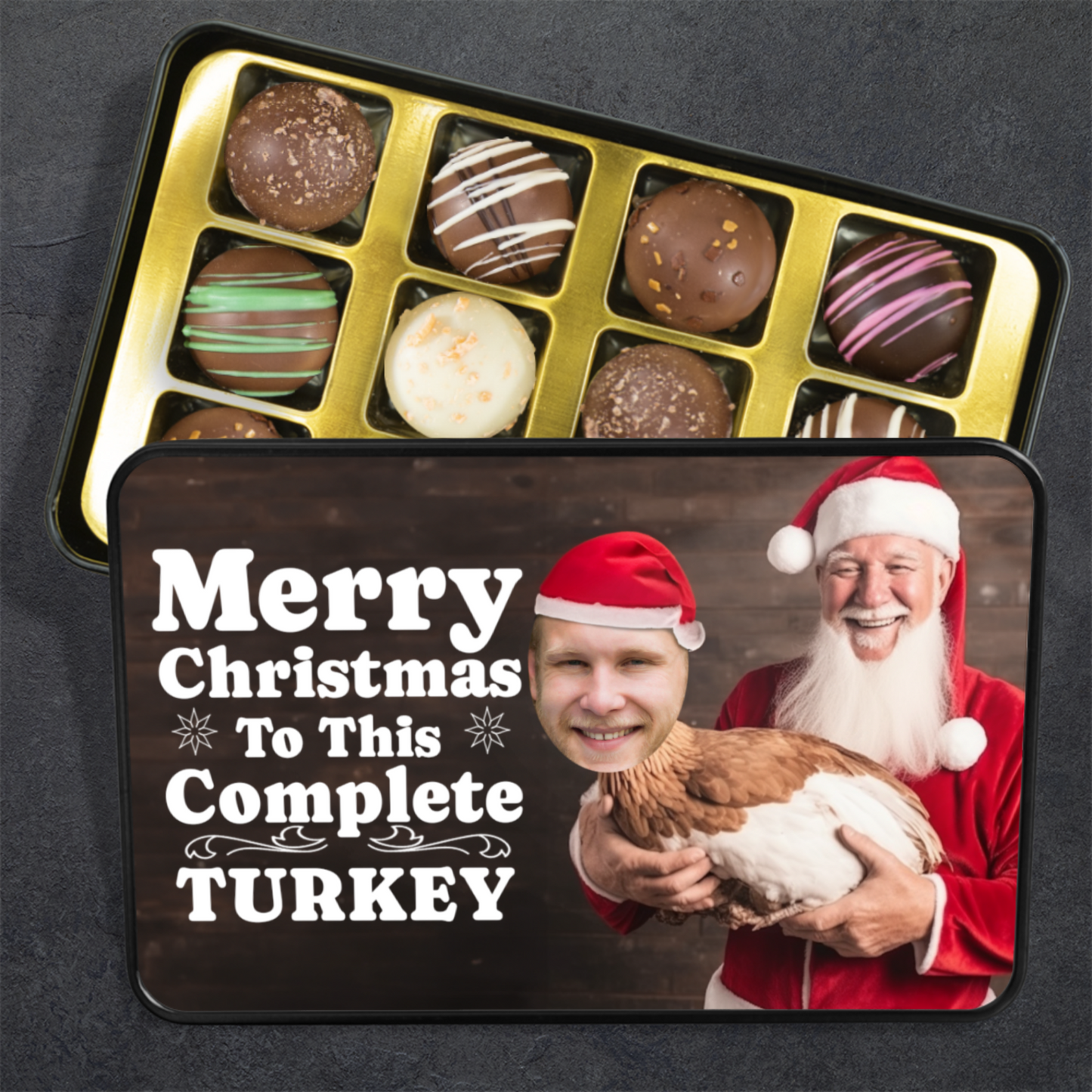 Merry Christmas To This Complete Turkey Handmade Chocolates In A Personalized Keepsake Tin