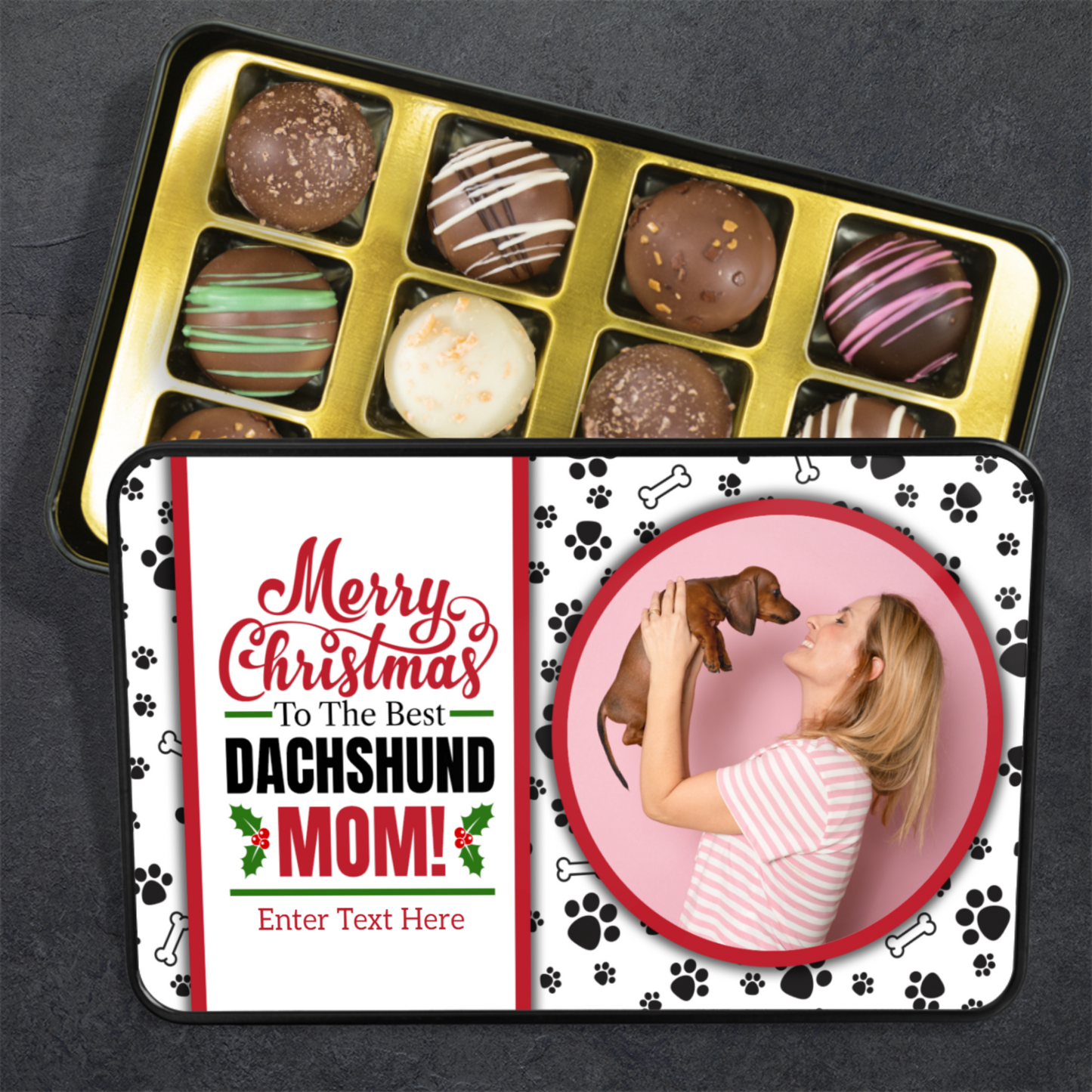 Merry Christmas To The Best Dachshund Mom Handmade Chocolates In A Personalized Keepsake Tin