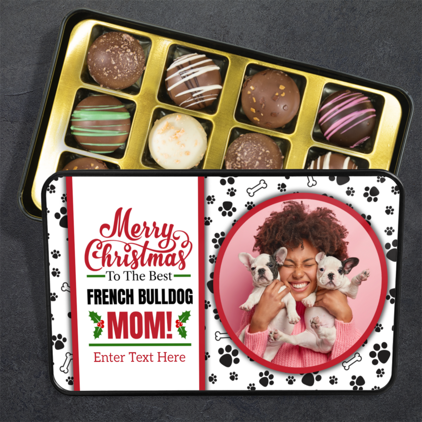 Merry Christmas To The Best French Bulldog Mom Handmade Chocolates In A Personalized Keepsake Tin