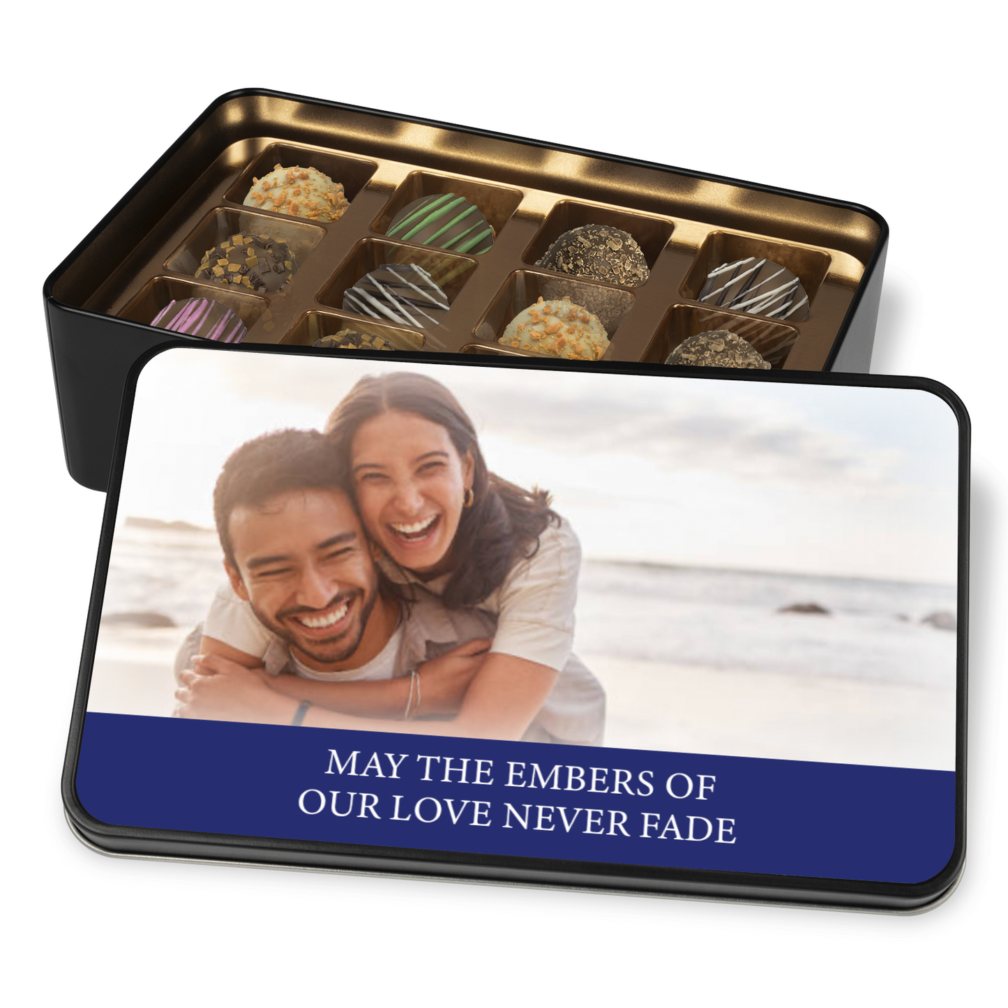 May The Embers Of Our Love Never Fade Handmade Chocolates In A Personalized Keepsake Tin