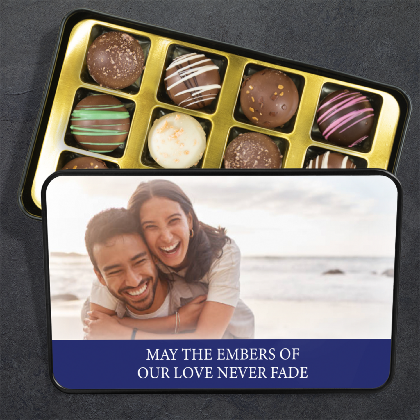 May The Embers Of Our Love Never Fade Handmade Chocolates In A Personalized Keepsake Tin