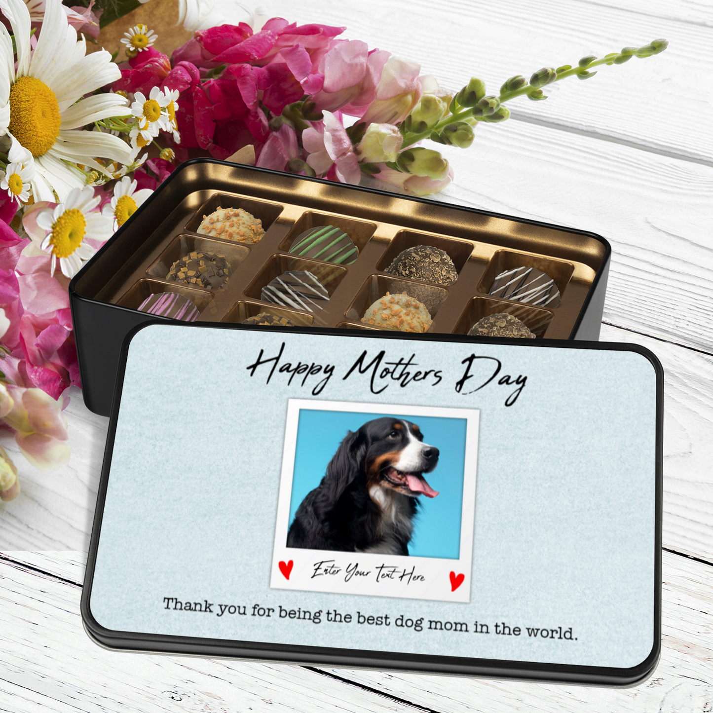 Happy Mothers Day From The Dog Handmade Chocolates In A Personalized Keepsake Tin