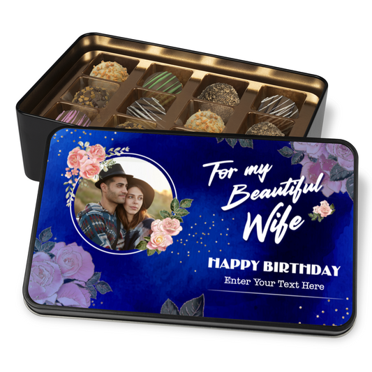 Happy Birthday To My Beautiful Wife Keepsake Tin Of 12 Luxury Chocolates With Personalized Text & Photo Upload