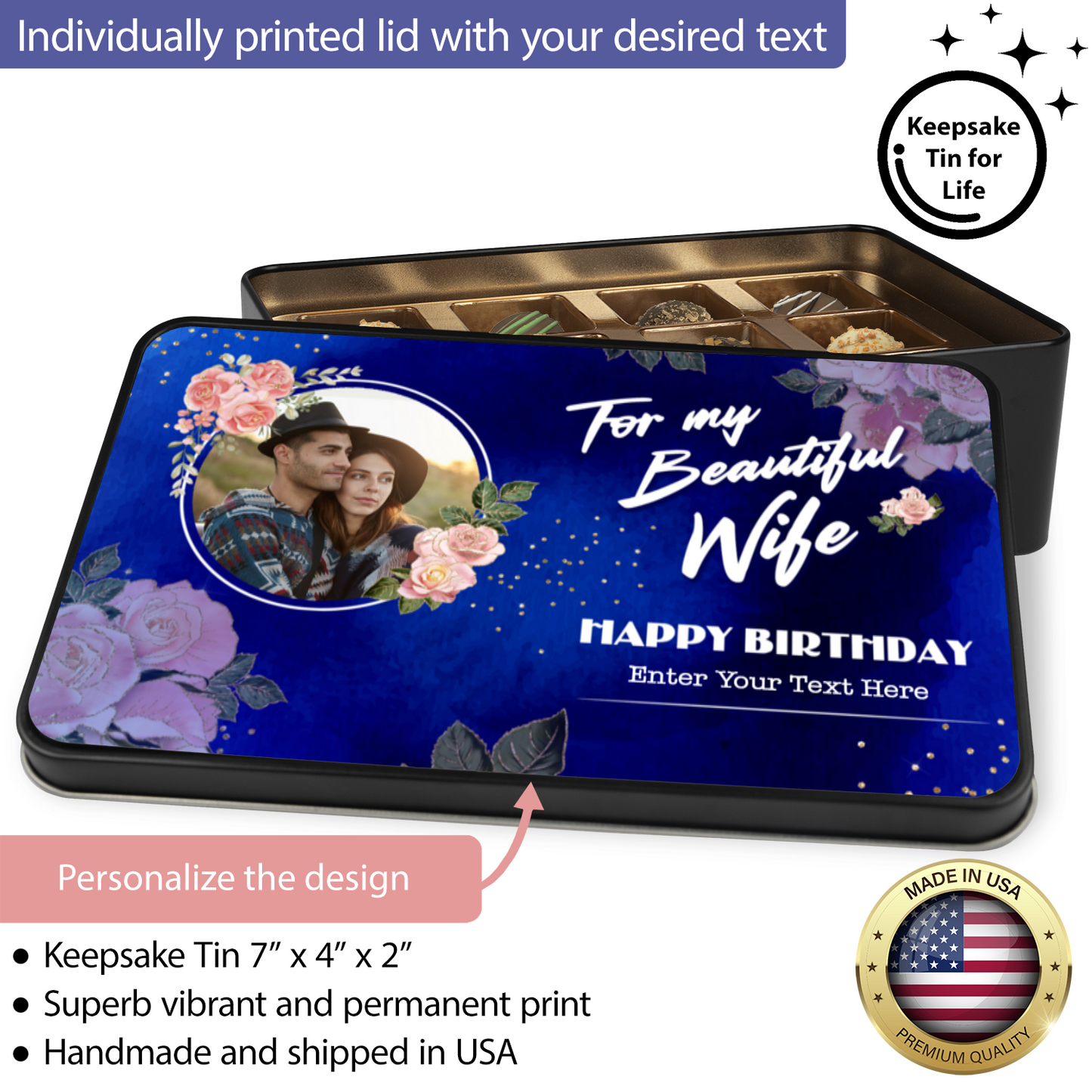 Happy Birthday To My Beautiful Wife Keepsake Tin Of 12 Luxury Chocolates With Personalized Text & Photo Upload