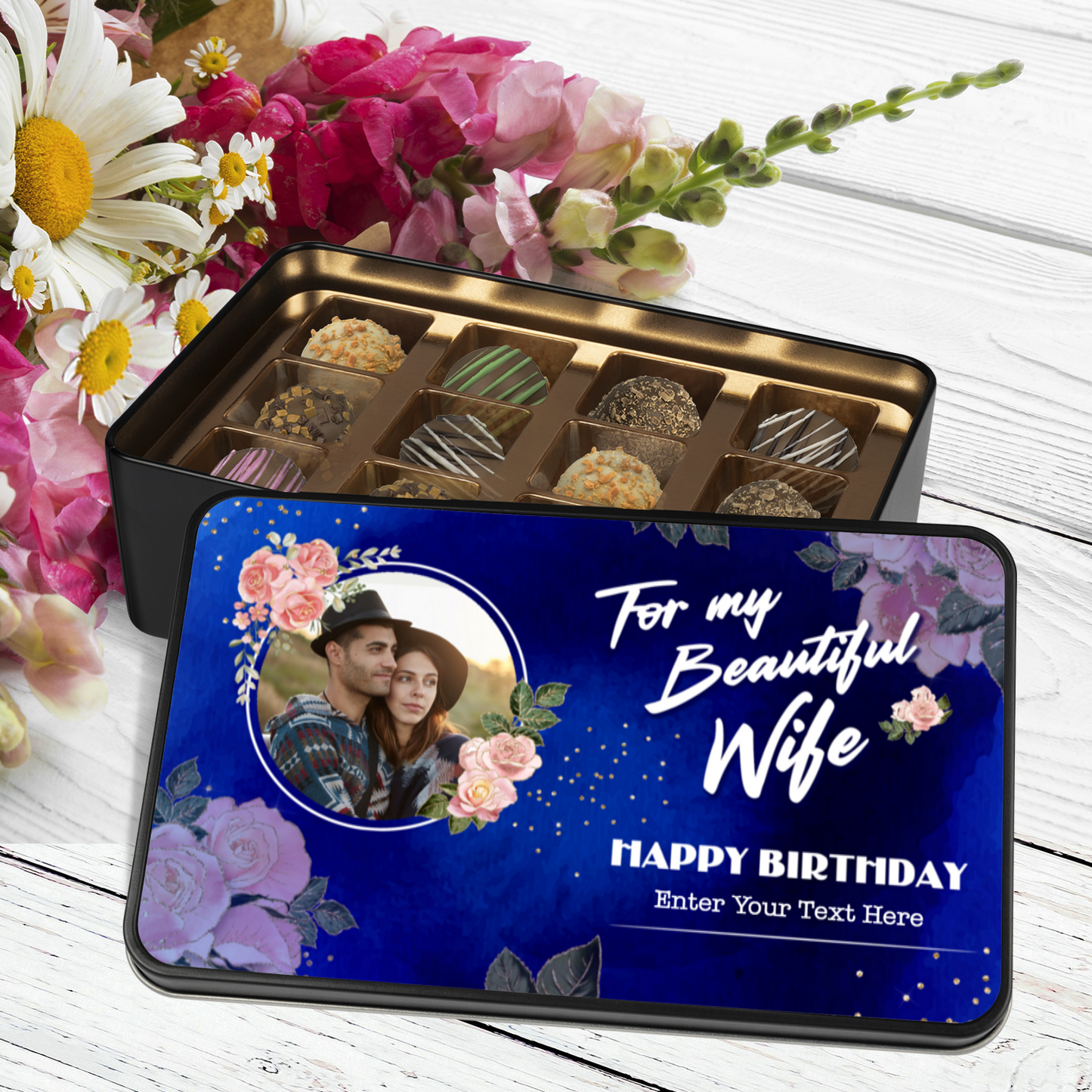 Happy Birthday To My Beautiful Wife Keepsake Tin Of 12 Luxury Chocolates With Personalized Text & Photo Upload