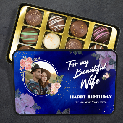 Happy Birthday To My Beautiful Wife Keepsake Tin Of 12 Luxury Chocolates With Personalized Text & Photo Upload