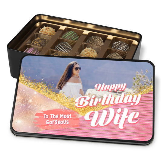 Happy Birthday Gorgeous Wife Keepsake Tin Of 12 Luxury Chocolates With Personalized Text