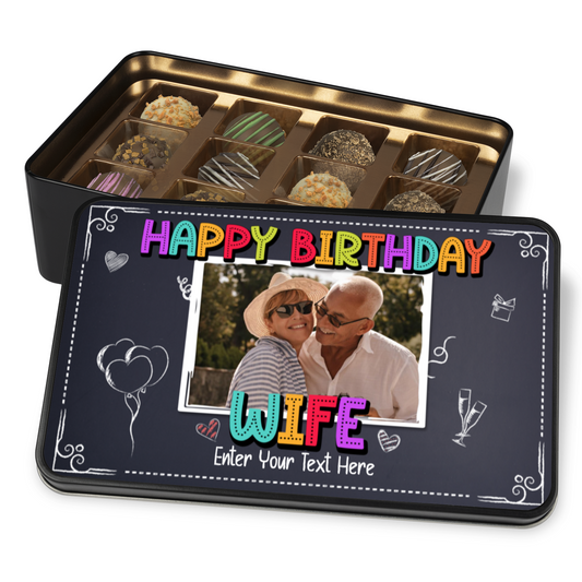 Happy Birthday Wife Keepsake Tin Of 12 Luxury Chocolates With Personalized Text & Photo Upload