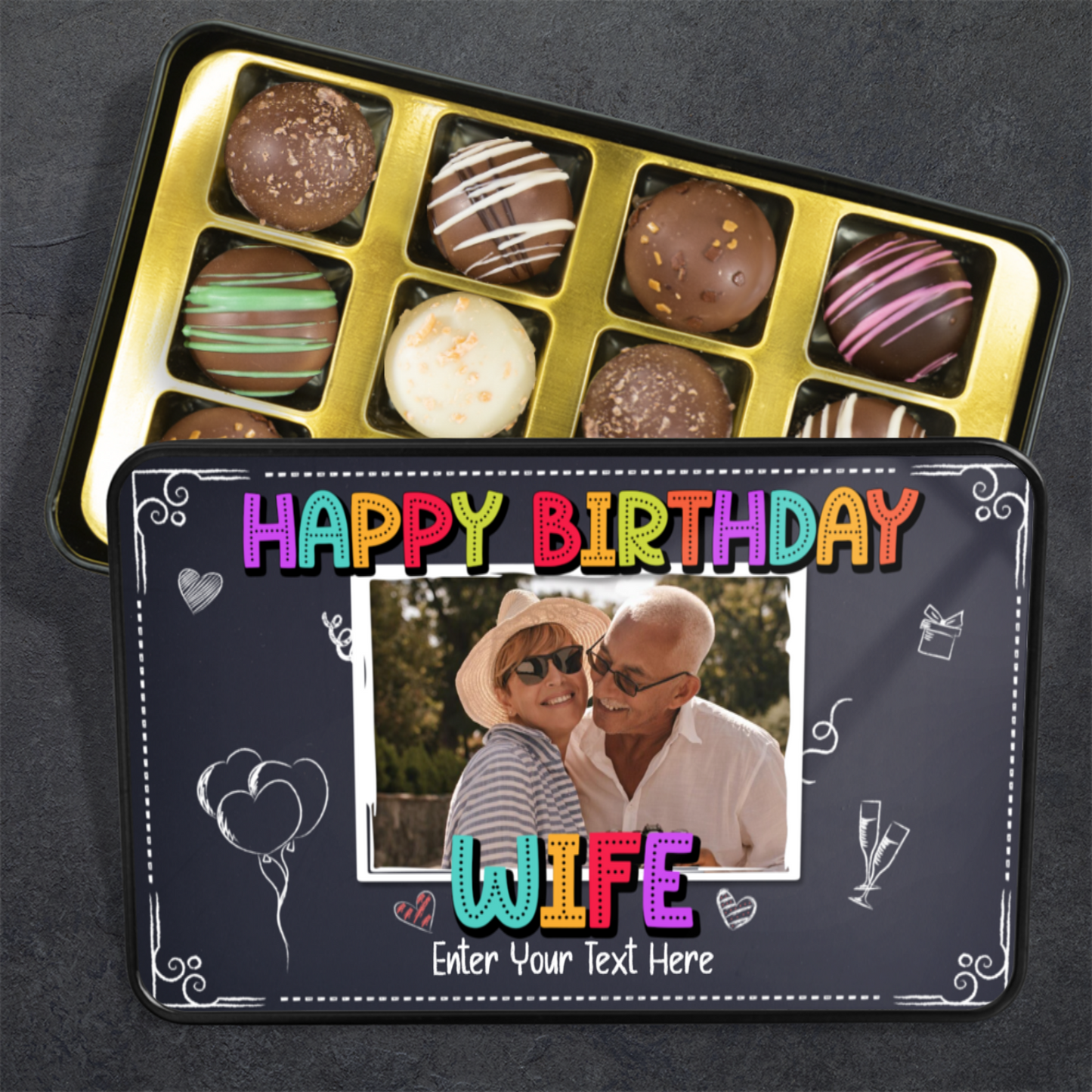 Happy Birthday Wife Keepsake Tin Of 12 Luxury Chocolates With Personalized Text & Photo Upload