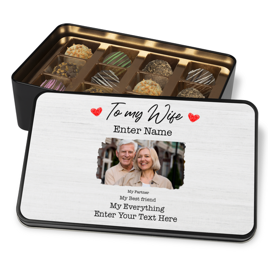 To My Wife Keepsake Tin Of 12 Luxury Chocolates With Personalized Text & Photo Upload