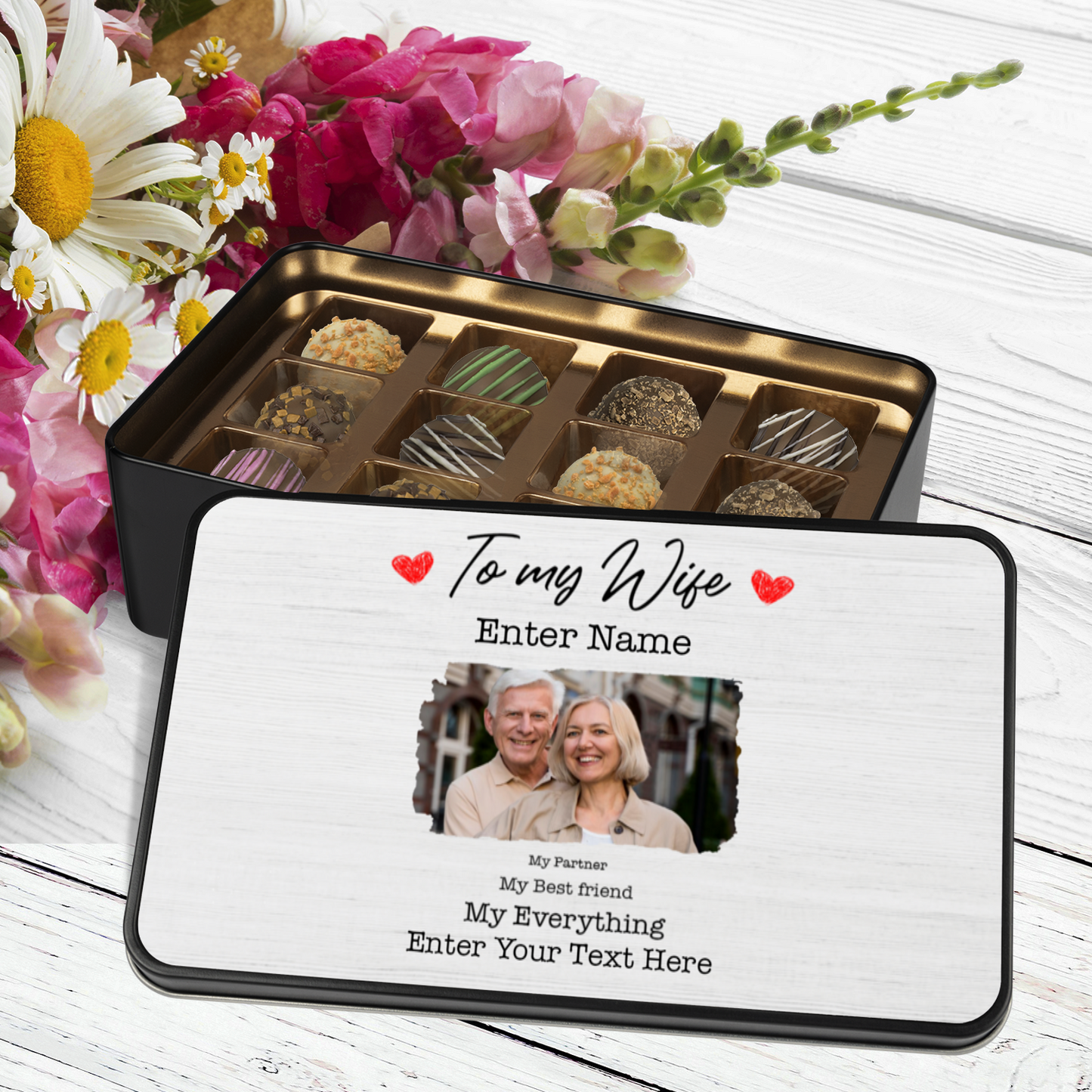 To My Wife Keepsake Tin Of 12 Luxury Chocolates With Personalized Text & Photo Upload