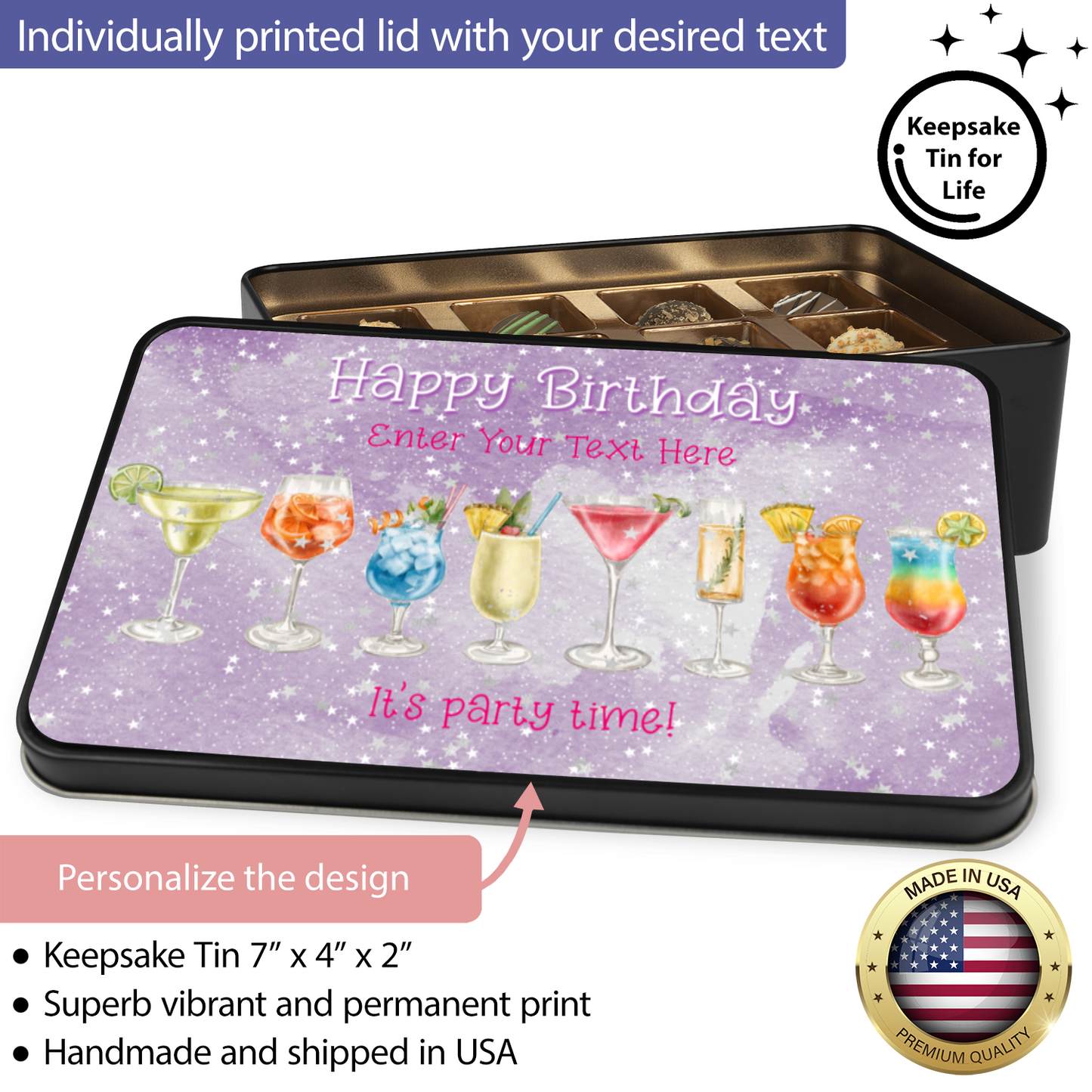 Happy Birthday Its Party Time Keepsake Tin Of 12 Luxury Chocolates With Personalized Text