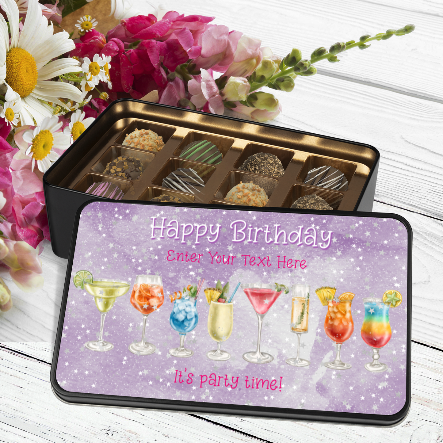 Happy Birthday Its Party Time Keepsake Tin Of 12 Luxury Chocolates With Personalized Text