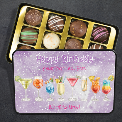 Happy Birthday Its Party Time Keepsake Tin Of 12 Luxury Chocolates With Personalized Text