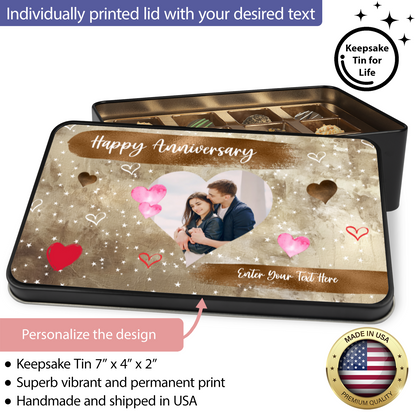 Happy Anniversary Keepsake Tin Of 12 Luxury Chocolates With Personalized Text & Photo Upload