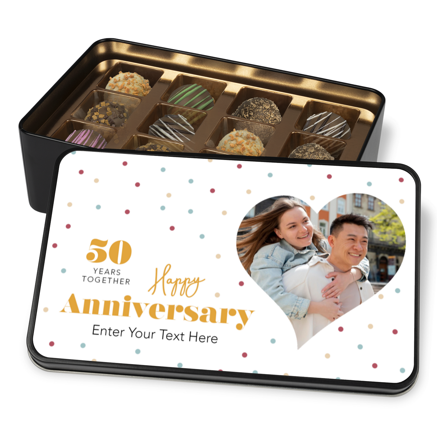 Happy Anniversary Handmade Chocolates In A Personalized Keepsake Tin With Personalized Text Photo & Years