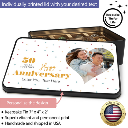 Happy Anniversary Handmade Chocolates In A Personalized Keepsake Tin With Personalized Text Photo & Years