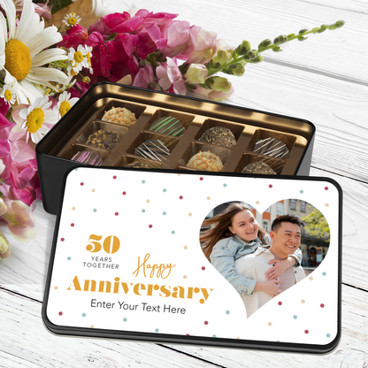 Happy Anniversary Handmade Chocolates In A Personalized Keepsake Tin With Personalized Text Photo & Years