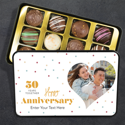 Happy Anniversary Handmade Chocolates In A Personalized Keepsake Tin With Personalized Text Photo & Years