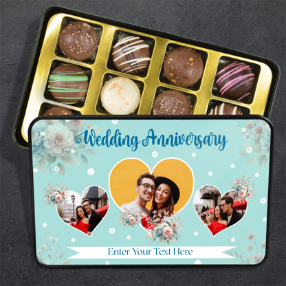 Happy Wedding Anniversary Keepsake Tin Of 12 Luxury Chocolates With Personalized Text & Photo Upload