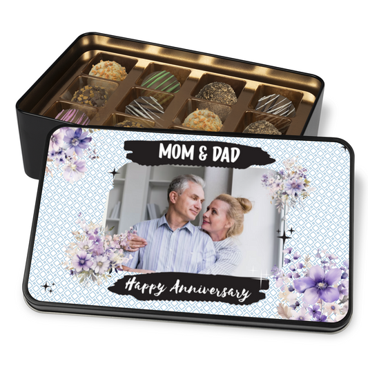 Happy Anniversary Mom & Dad Keepsake Tin Of 12 Luxury Chocolates With Personalized Text & Photo Upload