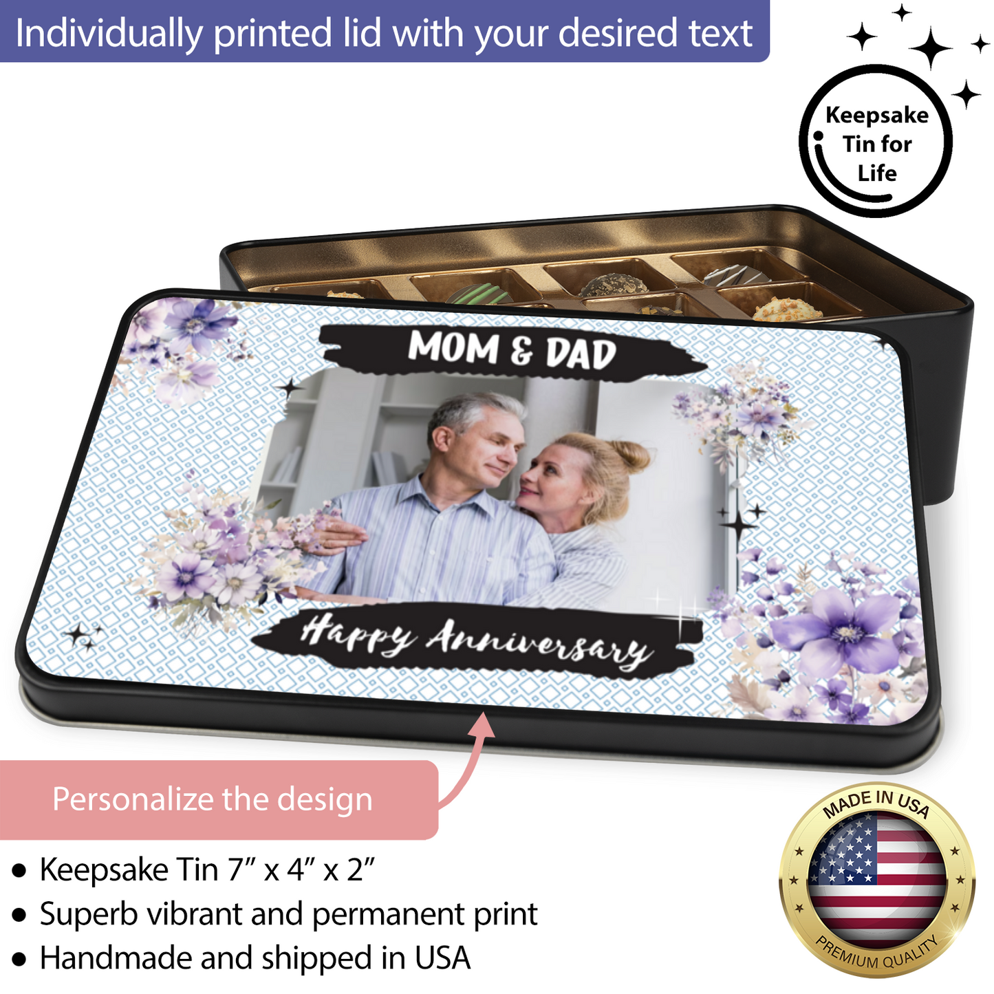 Happy Anniversary Mom & Dad Keepsake Tin Of 12 Luxury Chocolates With Personalized Text & Photo Upload