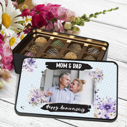 Happy Anniversary Mom & Dad Keepsake Tin Of 12 Luxury Chocolates With Personalized Text & Photo Upload