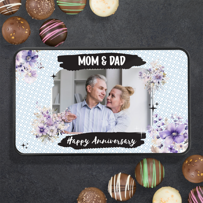 Happy Anniversary Mom & Dad Keepsake Tin Of 12 Luxury Chocolates With Personalized Text & Photo Upload