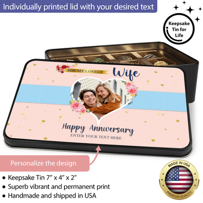 Happy Anniversary To My Lovely Wife Keepsake Tin Of 12 Luxury Chocolates With Personalized Text & Photo Upload