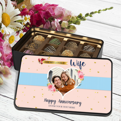 Happy Anniversary To My Lovely Wife Keepsake Tin Of 12 Luxury Chocolates With Personalized Text & Photo Upload