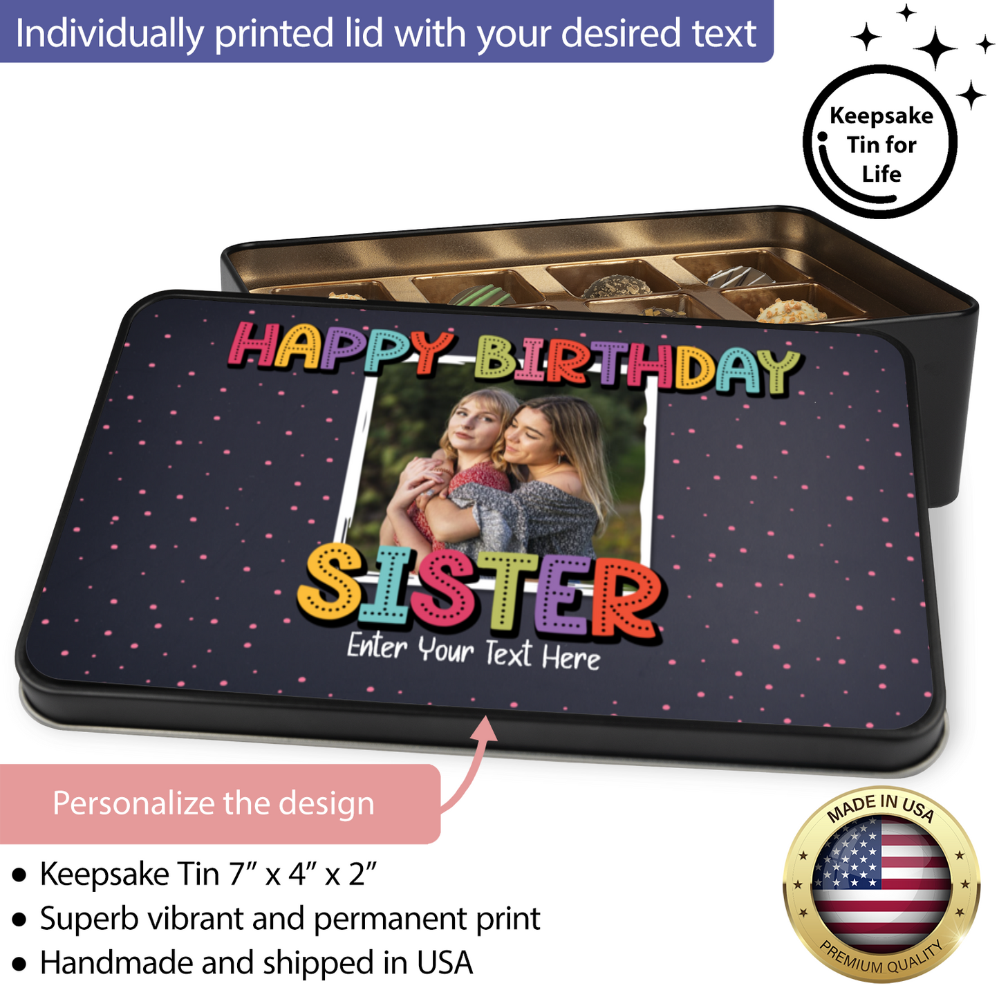 Happy Birthday Sister Keepsake Tin Of 12 Luxury Chocolates With Personalized Text & Photo Upload