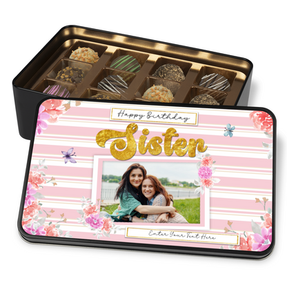 Happy Birthday Sister Keepsake Tin Of 12 Luxury Chocolates With Personalized Text & Photo Upload